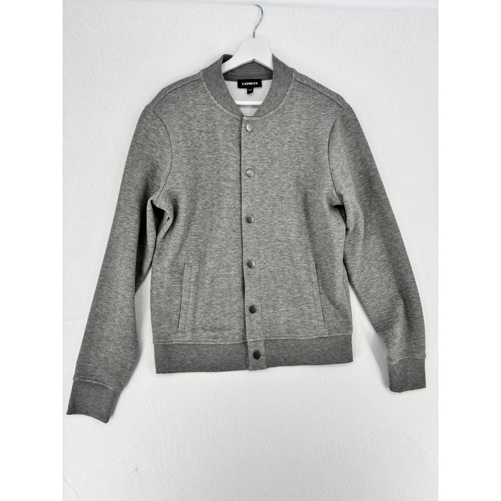 Express Mens Gray Herringbone‎ Bomber Jacket Snap Front Size S